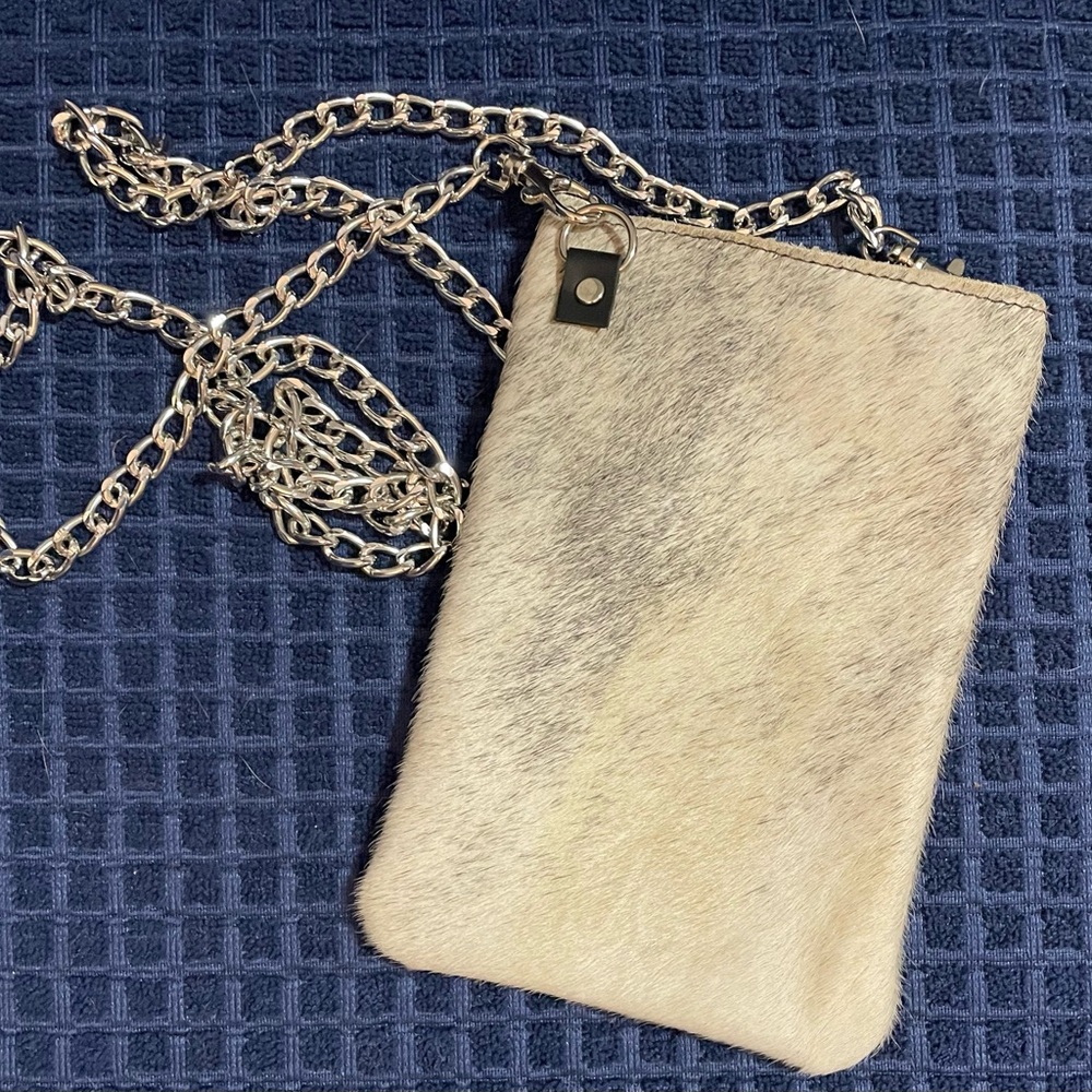 Cowhide and Leather Mini Crossbody Shoulder Bag with‎ Silver Chain made in USA